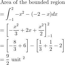 \begin{aligned} &\text { Area of the bounded region }\\ &=\int_{-1}^{2}-x^{2}-(-2-x) d x\\ &=\left[-\frac{x^{2}}{3}+2 x+\frac{x^{2}}{2}\right]_{-1}^{2}\\ &=\left[-\frac{8}{3}+6\right]-\left[\frac{1}{3}+\frac{1}{2}-2\right]\\ &=\frac{9}{2} \text { unit }^{2} \end{aligned}