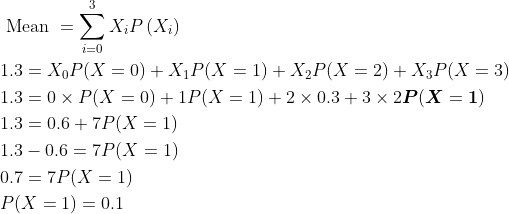\begin{aligned} &\text { Mean }=\sum_{i=0}^{3} X_{i} P\left(X_{i}\right)\\ &1.3=X_{0} P(X=0)+X_{1} P(X=1)+X_{2} P(X=2)+X_{3} P(X=3)\\ &1.3=0 \times P(X=0)+1 P(X=1)+2 \times 0.3+3 \times 2 \boldsymbol{P}(\boldsymbol{X}=\mathbf{1})\\ &1.3=0.6+7 P(X=1)\\ &1.3-0.6=7 P(X=1)\\ &0.7=7 P(X=1)\\ &P(X=1)=0.1 \end{aligned}