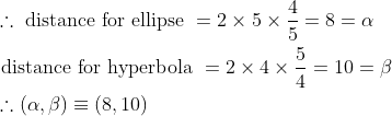 \begin{aligned} &\therefore \text { distance for ellipse }=2 \times 5 \times \frac{4}{5}=8=\alpha\\ &\text { distance for hyperbola }=2 \times 4 \times \frac{5}{4}=10=\beta\\ &\therefore(\alpha, \beta) \equiv(8,10) \end{aligned}