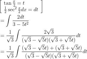 \begin{aligned} &{\left[\begin{array}{l} \tan \frac{x}{2}=t \\ \frac{1}{2} \sec ^{2} \frac{x}{2} d x=d t \end{array}\right]} \\ &=\int \frac{2 d t}{3-5 t^{2}} \\ &=\frac{1}{\sqrt{3}} \int \frac{2 \sqrt{3}}{(\sqrt{3}-\sqrt{5} t)(\sqrt{3}+\sqrt{5} t)} d t \\ &=\frac{1}{\sqrt{3}} \int \frac{(\sqrt{3}-\sqrt{5} t)+(\sqrt{3}+\sqrt{5} t)}{(\sqrt{3}-\sqrt{5} t)(\sqrt{3}+\sqrt{5} t)} d t \end{aligned}
