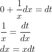 \begin{aligned} &0+\frac{1}{x} d x=d t \\ &\frac{1}{x}=\frac{d t}{d x} \\ &d x=x d t \end{aligned}