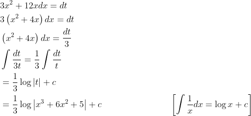 \begin{aligned} &3 x^{2}+12 x d x=d t \\ &3\left(x^{2}+4 x\right) d x=d t \\ &\left(x^{2}+4 x\right) d x=\frac{d t}{3} \\ &\int \frac{d t}{3 t}=\frac{1}{3} \int \frac{d t}{t} \\ &=\frac{1}{3} \log |t|+c \\ &=\frac{1}{3} \log \left|x^{3}+6 x^{2}+5\right|+c \quad\quad\quad\quad\quad\quad\quad &{\left[\int \frac{1}{x} d x=\log x+c\right]} \end{aligned}