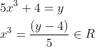 \begin{aligned} &5 x^{3}+4=y \\ &x^{3}=\frac{(y-4)}{5} \in R \end{aligned}
