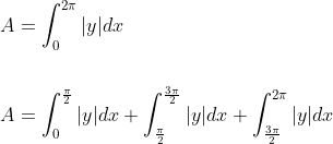 \begin{aligned} &A=\int_{0}^{2 \pi}|y| d x \\\\ &A=\int_{0}^{\frac{\pi}{2}}|y| d x+\int_{\frac{\pi}{2}}^{\frac{3 \pi}{2}}|y| d x+\int_{\frac{3 \pi}{2}}^{2 \pi}|y| d x \end{aligned}