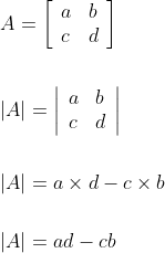 \begin{aligned} &A=\left[\begin{array}{ll} a & b \\ c & d \end{array}\right] \\\\ &|A|=\left|\begin{array}{ll} a & b \\ c & d \end{array}\right| \\\\ &|A|=a \times d-c \times b \\\\ &|A|=a d-c b \end{aligned}