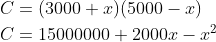 \begin{aligned} &C=(3000+x)(5000-x) \\ &C=15000000+2000 x-x^{2} \end{aligned}