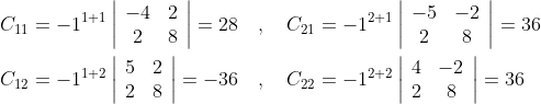\begin{aligned} &C_{11}=-1^{1+1}\left|\begin{array}{cc} -4 & 2 \\ 2 & 8 \end{array}\right|=28 \quad, \quad C_{21}=-1^{2+1}\left|\begin{array}{cc} -5 & -2 \\ 2 & 8 \end{array}\right|=36 \\ &C_{12}=-1^{1+2}\left|\begin{array}{ll} 5 & 2 \\ 2 & 8 \end{array}\right|=-36 \quad, \quad C_{22}=-1^{2+2}\left|\begin{array}{cc} 4 & -2 \\ 2 & 8 \end{array}\right|=36 \end{aligned}