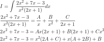 \begin{aligned} &I=\int \frac{2 x^{2}+7 x-3}{x^{2}(2 x+1)} d x \\ &\frac{2 x^{2}+7 x-3}{x^{2}(2 x+1)}=\frac{A}{x}+\frac{B}{x^{2}}+\frac{C}{2 x+1} \\ &2 x^{2}+7 x-3=A x(2 x+1)+B(2 x+1)+C x^{2} \\ &2 x^{2}+7 x-3=x^{2}(2 A+C)+x(A+2 B)+B \end{aligned}