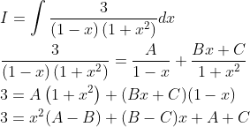 \begin{aligned} &I=\int \frac{3}{(1-x)\left(1+x^{2}\right)} d x \\ &\frac{3}{(1-x)\left(1+x^{2}\right)}=\frac{A}{1-x}+\frac{B x+C}{1+x^{2}} \\ &3=A\left(1+x^{2}\right)+(B x+C)(1-x) \\ &3=x^{2}(A-B)+(B-C) x+A+C \end{aligned}