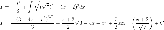 \begin{aligned} &I=-\frac{u^{3}}{3}+\int \sqrt{(\sqrt{7})^{2}-(x+2)^{2}} d x \\ &I=\frac{-\left(3-4 x-x^{2}\right)^{3 / 2}}{3}+\frac{x+2}{2} \sqrt{3-4 x-x^{2}}+\frac{7}{2} \sin ^{-1}\left(\frac{x+2}{\sqrt{7}}\right)+C \end{aligned}