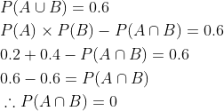 \begin{aligned} &P(A \cup B)=0.6 \\ &P(A) \times P(B)-P(A \cap B)=0.6 \\ &0.2+0.4-P(A \cap B)=0.6 \\ &0.6-0.6=P(A \cap B) \\ &\therefore P(A \cap B)=0 \end{aligned}