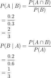 \begin{aligned} &P(A \mid B)=\frac{P(A \cap B)}{P(B)} \\ &=\frac{0.2}{0.3} \\ &=\frac{2}{3} \\ &P(B \mid A)=\frac{P(A \cap B)}{P(A)} \\ &=\frac{0.2}{0.6} \\ &=\frac{1}{3} \end{aligned}