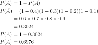 \begin{aligned} &P(A)=1-P(\bar{A}) \\ &\begin{aligned} P(\bar{A}) &=(1-0.4)(1-0.3)(1-0.2)(1-0.1) \\ &=0.6 \times 0.7 \times 0.8 \times 0.9 \\ &=0.3024 \\ P(A) &=1-0.3024 \\ P(A) &=0.6976 \end{aligned} \end{aligned}