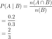 \begin{aligned} &P(A\mid B)=\frac{n(A\cap B)}{ n(B)}\\ &=\frac{0.2}{ 0.3 }\\ &=\frac{2}{3} \end{aligned}