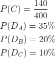 \begin{aligned} &P(C)=\frac{140}{400}\\ &P(D_A)=35%\\ &P(D_B)=20%\\ &P(D_C)=10%\\ \end{aligned}