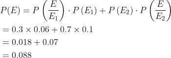 \begin{aligned} &P(E)=P\left(\frac{E}{E_{1}}\right) \cdot P\left(E_{1}\right)+P\left(E_{2}\right) \cdot P\left(\frac{E}{E_{2}}\right) \\ &=0.3 \times 0.06+0.7 \times 0.1 \\ &=0.018+0.07 \\ &=0.088 \end{aligned}