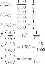 \begin{aligned} &P(E_1)=\frac{1000}{6000}=\frac{1}{6}\\ &P(E_2)=\frac{2000}{6000}=\frac{1}{3}\\ &P(E_3)=\frac{3000}{6000}=\frac{1}{2}\\ &P\left ( \frac{A}{E_1} \right )=1%=\frac{1}{100}\\ &P\left ( \frac{A}{E_2} \right )=1.5%=\frac{15}{1000}\\ &P\left ( \frac{A}{E_3} \right )=2%=\frac{2}{100}\\ \end{aligned}
