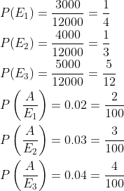 \begin{aligned} &P(E_1)=\frac{3000}{12000}=\frac{1}{4}\\ &P(E_2)=\frac{4000}{12000}=\frac{1}{3}\\ &P(E_3)=\frac{5000}{12000}=\frac{5}{12}\\ &P\left ( \frac{A}{E_1} \right )=0.02=\frac{2}{100}\\ &P\left ( \frac{A}{E_2} \right )=0.03=\frac{3}{100}\\ &P\left ( \frac{A}{E_3} \right )=0.04=\frac{4}{100}\\ \end{aligned}