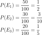 \begin{aligned} &P(E_1)=\frac{50}{100}=\frac{1}{2}\\ &P(E_2)=\frac{30}{100}=\frac{3}{10}\\ &P(E_3)=\frac{20}{100}=\frac{1}{5}\\ \end{aligned}