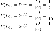\begin{aligned} &P(E_1)=50%=\frac{50}{100}=\frac{1}{2}\\ &P(E_2)=30%=\frac{30}{100}=\frac{3}{10}\\ &P(E_3)=20%=\frac{20}{100}=\frac{1}{5}\\ \end{aligned}