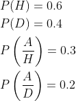 \begin{aligned} &P(H)=0.6\\ &P(D)=0.4\\ &P\left ( \frac{A}{H} \right )=0.3\\ &P\left ( \frac{A}{D} \right )=0.2\\ \end{aligned}