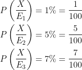 \begin{aligned} &P\left ( \frac{X}{E_1} \right )=1%=\frac{1}{100}\\ &P\left ( \frac{X}{E_2} \right )=5%=\frac{5}{100}\\ &P\left ( \frac{X}{E_3} \right )=7%=\frac{7}{100}\\ \end{aligned}