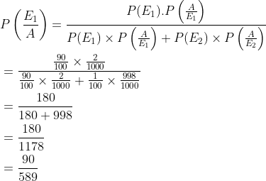 \begin{aligned} &P\left (\frac{E_1}{A} \right )=\frac{P(E_1).P\left ( \frac{A}{E_1} \right )}{P(E_1)\times P\left ( \frac{A}{E_1} \right )+P(E_2)\times P\left ( \frac{A}{E_2} \right )}\\ &=\frac{{\frac{90}{100}\times \frac{2}{1000} }}{\frac{90}{100}\times \frac{2}{1000}+\frac{1}{100}\times \frac{998}{1000}}\\ &=\frac{180}{180+998}\\ &=\frac{180}{1178}\\ &=\frac{90}{589} \end{aligned}