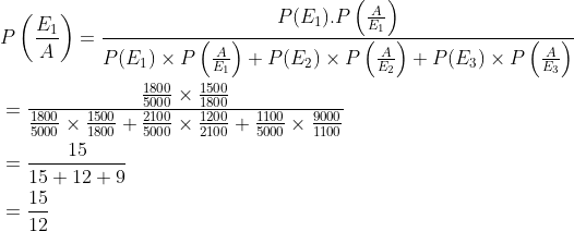 \begin{aligned} &P\left (\frac{E_1}{A} \right )=\frac{P(E_1).P\left ( \frac{A}{E_1} \right )}{P(E_1)\times P\left ( \frac{A}{E_1} \right )+P(E_2)\times P\left ( \frac{A}{E_2} \right )+P(E_3)\times P\left ( \frac{A}{E_3} \right )}\\ &=\frac{{\frac{1800}{5000}\times \frac{1500}{1800} }}{\frac{1800}{5000}\times \frac{1500}{1800}+\frac{2100}{5000}\times \frac{1200}{2100}+\frac{1100}{5000}\times \frac{9000}{1100}}\\ &=\frac{15}{15+12+9}\\ &=\frac{15}{12} \end{aligned}