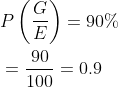 \begin{aligned} &P\left(\frac{G}{E}\right)=90 \% \\ &=\frac{90}{100}=0.9 \end{aligned}
