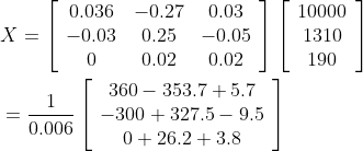 \begin{aligned} &X=\left[\begin{array}{ccc} 0.036 & -0.27 & 0.03 \\ -0.03 & 0.25 & -0.05 \\ 0 & 0.02 & 0.02 \end{array}\right]\left[\begin{array}{c} 10000 \\ 1310 \\ 190 \end{array}\right] \\ &=\frac{1}{0.006}\left[\begin{array}{c} 360-353.7+5.7 \\ -300+327.5-9.5 \\ 0+26.2+3.8 \end{array}\right] \end{aligned}