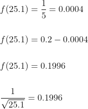 \begin{aligned} &f(25.1)=\frac{1}{5}=0.0004 \\\\ &f(25.1)=0.2-0.0004 \\\\ &f(25.1)=0.1996 \\\\ &\frac{1}{\sqrt{25.1}}=0.1996 \end{aligned}
