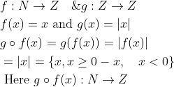 \begin{aligned} &f: N \rightarrow Z \quad \& g: Z \rightarrow Z \\ &f(x)=x \text { and } g(x)=|x| \\ &g \circ f(x)=g(f(x))=|f(x)| \\ &=|x|=\{x, x \geq 0-x, \quad x<0\} \\ &\text { Here } g \circ f(x): N \rightarrow Z \end{aligned}