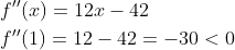 \begin{aligned} &f^{\prime \prime}(x)=12 x-42 \\ &f^{\prime \prime}(1)=12-42=-30<0 \end{aligned}