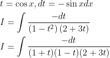 \begin{aligned} &t=\cos x, d t=-\sin x d x \\ &I=\int \frac{-d t}{\left(1-t^{2}\right)(2+3 t)} \\ &I=\int \frac{-d t}{(1+t)(1-t)(2+3 t)} \end{aligned}
