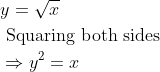 \begin{aligned} &y=\sqrt{x}\\ &\text { Squaring both sides }\\ &\Rightarrow y^{2}=x \end{aligned} \\