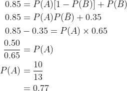 \begin{aligned} 0.85 &=P(A)[1-P(B)]+P(B) \\ 0.85 &=P(A) P(\bar{B})+0.35 \\ 0.85 &-0.35=P(A) \times 0.65 \\ \frac{0.50}{0.65} &=P(A) \\ P(A) &=\frac{10}{13} \\ &=0.77 \end{aligned}