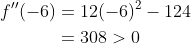 \begin{aligned} f^{\prime \prime}(-6) &=12(-6)^{2}-124 \\ &=308>0 \end{aligned}