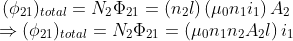 \begin{array}{c}{(\phi _{21})_{total} =N_{2} \Phi_{21}=\left(n_{2} l\right)\left(\mu_{0} n_{1} i_{1}\right) A_{2}} \\ { \Rightarrow (\phi _{21})_{total}=N_{2} \Phi_{21}=\left(\mu_{0} n_{1} n_{2} A_{2} l\right) i_{1}}\end{array}