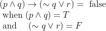\begin{array}{l} (p \wedge q) \rightarrow(\sim q \vee r)=\text { false } \\ \text { when }(p \wedge q)=T \\ \text { and } \quad(\sim q \vee r)=F \end{array}