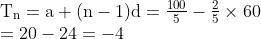 \begin{array}{l} \mathrm{T}_{\mathrm{n}}=\mathrm{a}+(\mathrm{n}-1) \mathrm{d}=\frac{100}{5}-\frac{2}{5} \times 60 \\ =20-24=-4 \end{array}