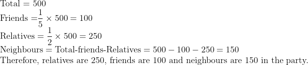 eginarrayl	extTotal = 500\ 	extFriends =dfrac15	imes500=100\ 	extRelatives=dfrac12	imes500=250\ 	extNeighbours=	extTotal-friends-Relatives=500-100-250=150\ 	extTherefore, relatives are 250, friends are 100 and neighbours are 150 in the party.endarray