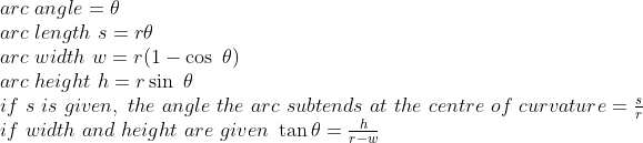eginarraylarc angle=	heta\ arc length s=r	heta\ arc width w=r(1-cos 	heta)\ arc height h=rsin 	heta\ if s is given, the angle the arc subtends at the centre of curvature=fracsr\ if width and height are given 	an	heta=frachr-wendarray