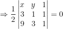 \Rightarrow \frac{1}{2}\begin{vmatrix} x &y &1 \\ 3 &1 &1 \\ 9 &3 &1 \end{vmatrix}=0