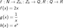 \begin{aligned} &f: N \rightarrow Z_{0},: Z_{0} \rightarrow Q, R: Q \rightarrow R \\ &f(x)=2 x \\ &g(x)=\frac{1}{x} \\ &h(x)=e^{x} \end{aligned}