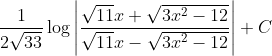 \frac{1}{2 \sqrt{33}} \log \left|\frac{\sqrt{11} x+\sqrt{3 x^{2}-12}}{\sqrt{11} x-\sqrt{3 x^{2}-12}}\right|+C