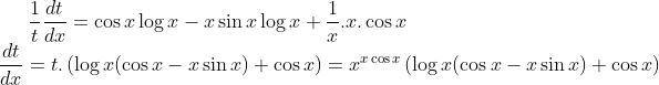 \frac{1}{t}\frac{dt}{dx} = \cos x\log x-x\sin x\log x + \frac{1}{x}.x.\cos x\\ \frac{dt}{dx}= t.\left (\log x(\cos x-x\sin x)+ \cos x \right ) = x^{x\cos x}\left ( \log x(\cos x-x\sin x)+ \cos x \right )