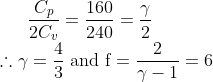 \frac{C_{p}}{2 C_{v}}=\frac{160}{240}=\frac{\gamma}{2}\\ \therefore \gamma=\frac{4}{3} \text { and } \mathrm{f}=\frac{2}{\gamma-1}=6