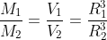 \frac{M_{1}}{M_{2}}=\frac{V_{1}}{V_{2}}=\frac{R_{1}^{3}}{R_{2}^{3}}