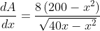 \frac{d A}{d x}=\frac{8\left(200-x^{2}\right)}{\sqrt{40 x-x^{2}}}