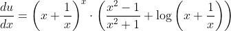 \frac{d u}{d x}=\left(x+\frac{1}{x}\right)^{x} \cdot\left(\frac{x^{2}-1}{x^{2}+1}+\log \left(x+\frac{1}{x}\right)\right)
